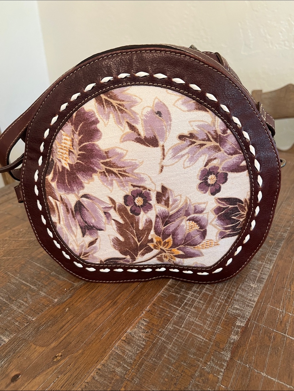 Western Brown Floral Round Crossbody Bag with Purple Accents